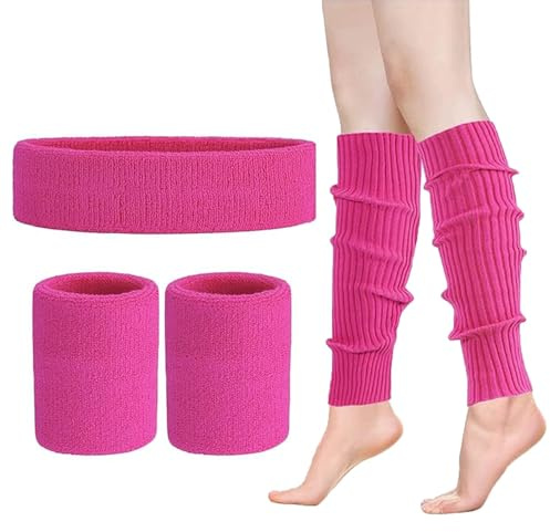 QHFlashbuy 80 Jahre Kostüm Zubehör für Damen Set,Neon Beinwärmer,Stirnband,90er Jahre Kostüm Kleidung Accessoires für Karneval Jahre Thema Party Zubehör(Rosenrot)