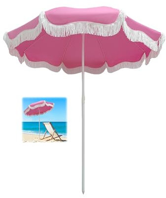 Rose Parasol Plage Pliable Anti Uv 180cm Parasol De Jardin Exterieur Parasol Plage Frange Parasol Balcon Inclinable Parasol De Marché Imperméable Hauteur Réglable Pour Jardin Terrasse Piscine/Sac De T