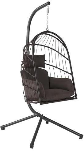 HinHocker sedia sospesa con sostegno | Marrone | Altalena per interni ed esterni | Poltrona e cuscino inclusi | Sedia in vimini, sedia sospesa per terrazza, cesto sospeso
