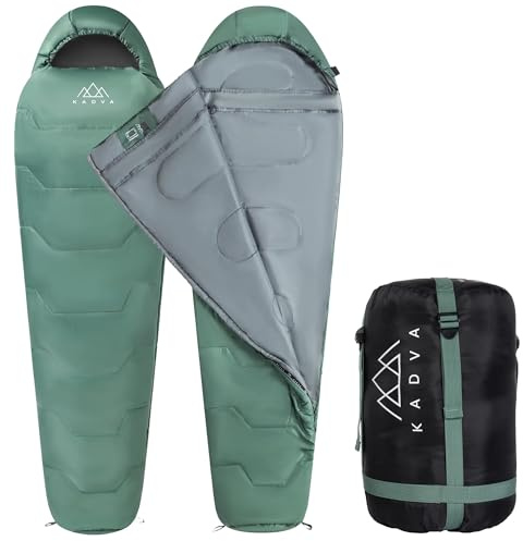 KADVA Sacco a pelo da campeggio Mumio, L 230 x 80 cm, sacco nanna invernale con cappuccio per la testa, temperatura comfort 4 gradi, ideale per l'inverno, alta conservazione del calore, tecnologia