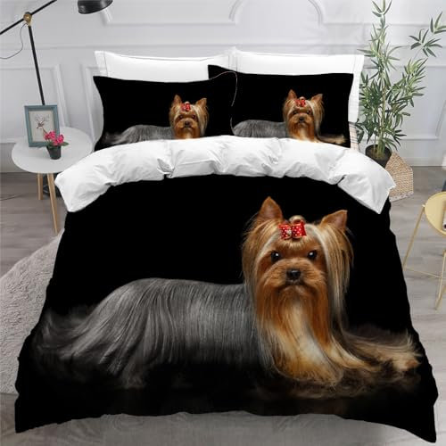 DILANI Bettwäsche 200x200 Yorkshire Terrier 3D Bettwäsche-Set 3 Teilig Hund Tier Weiche Microfaser Bettbezug mit Reißverschluss und Kissenbezug 80x80cm für Mädchen Jungen Kinder