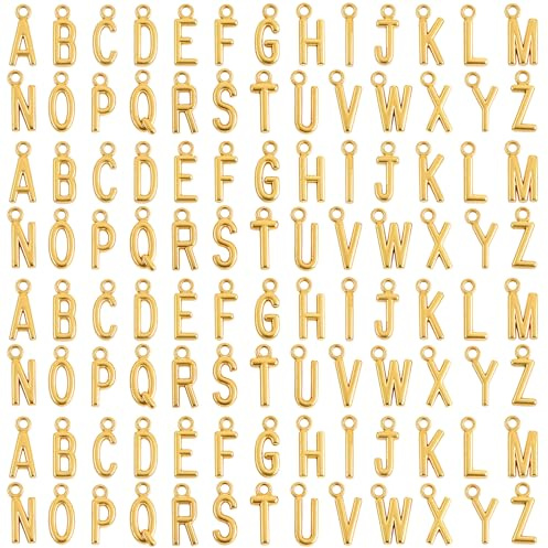 Teaaha 104 ciondoli a forma di lettera A-Z, con lettere piccole, ciondolo a forma di lettera dorata, in lega di zinco, con alfabeto, oro ipoallergenico, piccolo foro per gioielli fai da te, Metallo,