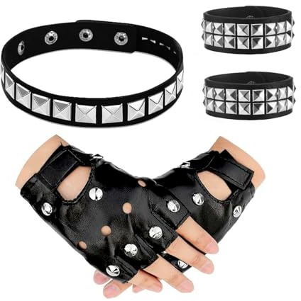 XDGBGFN Set di 4 accessori punk punk, bracciale con borchie guanti e collare nero gotico, set regolabile con borchie e collare per accessori in costume, Nero , Taglia unica