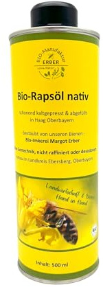 Bio-Rapsöl nativ 500 ml, kaltgepresst, angebaut und abgefüllt in Oberbayern, Naturland Landwirtschaft, für eine vegane und glutenfreie Ernährung geeignet