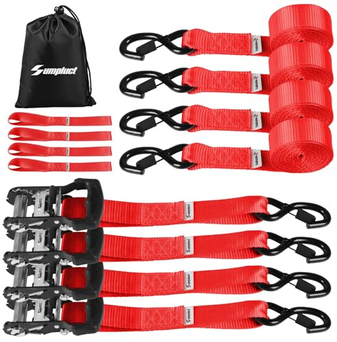 Ratchet Tie Down Straps Set Heavy Duty - 4 Pack 4400 LB Break Strength, 15 FT Tie Down Strap Ratchet with Safety Lock S Hooks, 1.5 in Cargo Straps for Truck, Motorcycle, Moving, Trailer, ATV - Red