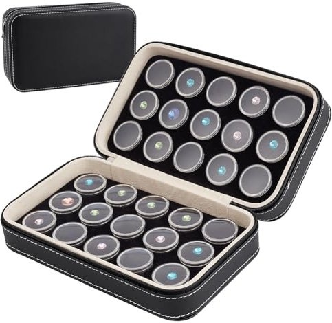 BENECREAT 22x13x6.5cm Schmuckvitrine aus Leder mit 30 Edelsteingläsern, Box für lose Diamanten mit schwarzem Schaumstoffeinsatz zur Aufbewahrung von Sammlerstücken, Behälter für Diamantboxen