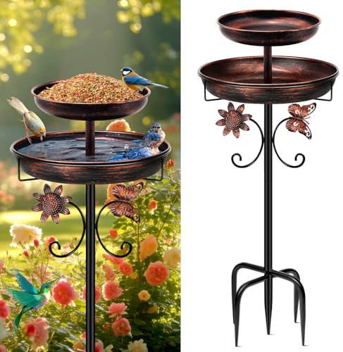 Mngren Vogeltränke Stehend,Vogelbad für Draußen Garten,2 In 1 Metall Vogelbecken Schüssel Wassertränke für Vögel, Antike Vogeltränke Winterfest Futter Wasserschale (Antike Bronze)