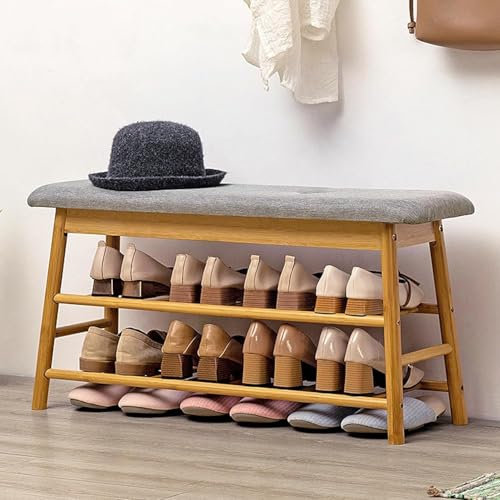 BLUEBRIT Shoe Bench Hallway Bamboo 2 Tier Shoe Rack With Bench & additional Storage Bench Seat Rack