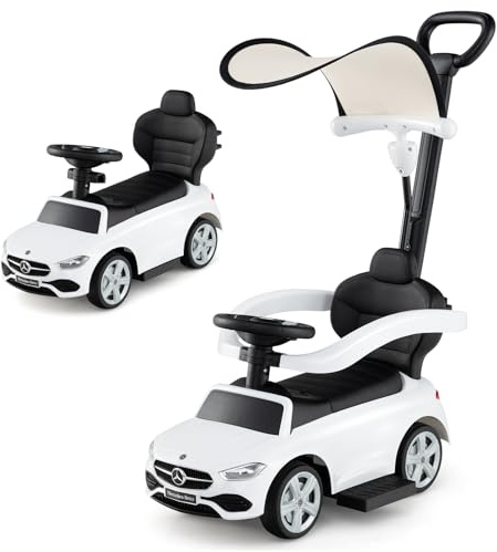 COSTWAY 3 in 1 Auto a Spinta, Mercedes-Benz Macchina Cavalcabile, con Schienale Regolabile Suono Barra di Spinta e Tettuccio, per Bambini 18-36 Mesi (Bianco)