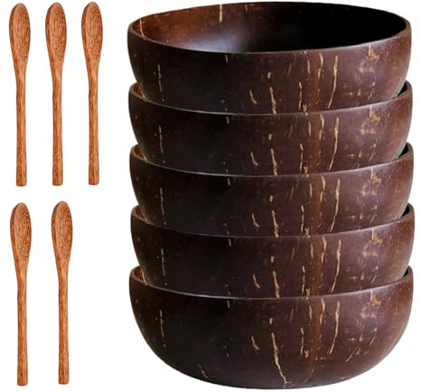 Gcroet kokosskålsset 5 st kokosskål och 5 st skedar 13 cm polerad skål, miljövänlig naturlig acai-skål köksdekor, gåvor för vegansk ekologisk sallad.