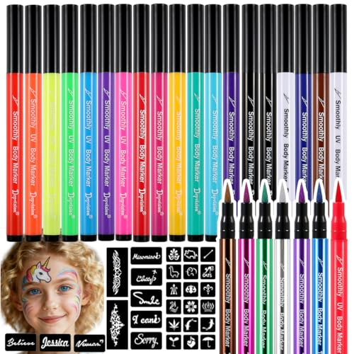 26 Colors Temporary Tattoo Markers for skin Body Marker Face Paint Pen, Face Painting Markers 138 pcs Tattoo Stencils for Adults, Glitter&Matte & Neon Glow Washable Cosmetic-Grade Body Art Pen