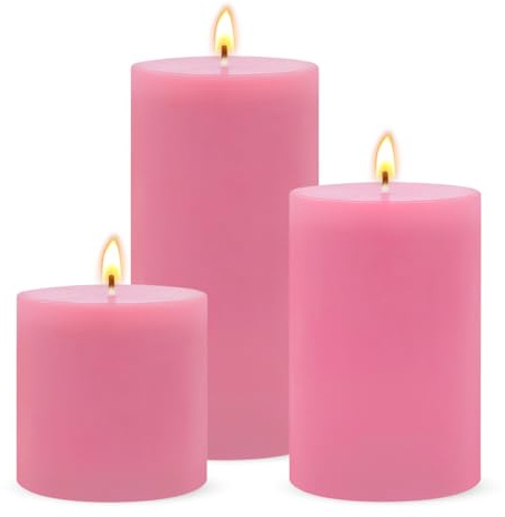 Paquete de 3 velas de pilar rosas sin perfume, sin goteo y sin humo, velas gruesas de larga duración (2, 3 y 4 pulgadas de altura) para bodas, decoración del hogar y ambiente sereno