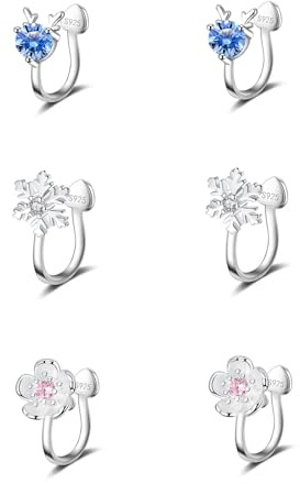 HinDaLi 3 Paires Clips Boucles d'oreilles Fleurs et Flocon de Neige Non Percées Boucles d'oreilles en Argent 925 pour Femme Fille Zirconium Boucle d Oreille à Clip Fleurs et Flocon de Neige Petite