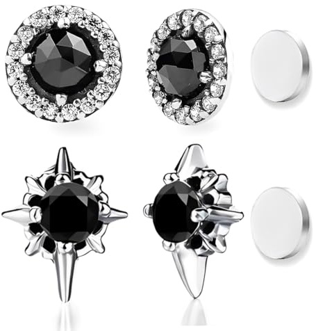 2 Paires Boucles d'oreilles noires Homme Boucle Aimantée en Acier Inoxydable Magnétiques Fausse Boucle d'Oreille Femme Zircon Brillant Boucle d Oreille Homme Aimant Cadeaux Anniversaire Noël Valentin