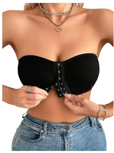 GORGLITTER Women's Wireless Front Fastening Bandeau Bras Strapless Seamless Wirefree Comfy Everyday Bralettes Black Large