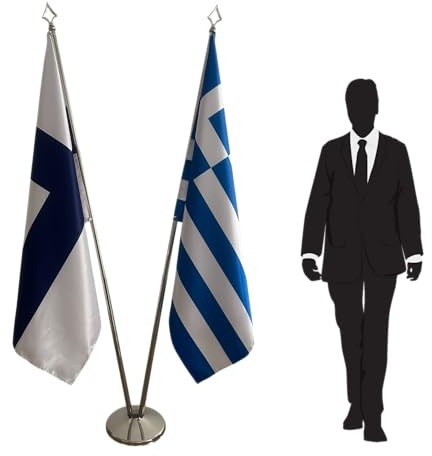 Set drapeaux Grèce et Finlande – Mâts en inox, pieds stables avec socles décoratifs – Kit officiel pour usage intérieur, bureau, cérémonies et institutions. Code CN3-FI-GR-L