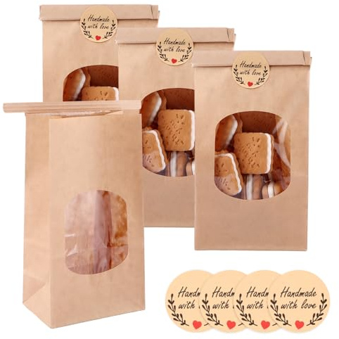 STARVAST 100 Stück Kleine Kekstüten Keksbeutel mit Fenster, Papiertüten Braun mit Verschlussclips, Kraftpapier Tüten, Backbeutel, kleine Brottüte, Brottüten Papier für Gebäck (9 * 6 * 17cm) ﻿