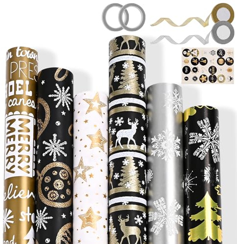 Papel Regalo Navidad 6 Rollo 43x300 CM Papel de Regalo Navidad con Motivos de Alce, Estrella y árbol de Navideña Ideal para Regalos de invierno, Cumpleaños y Decoración Navideña (08)