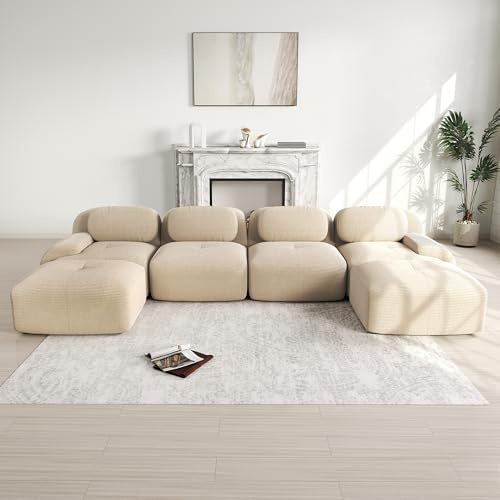 Ligterra Sofá modular de 4 plazas de pana, sofá de esquina, sofá sin brazos con 2 otomanas, sofá comprimido, sin montaje y con base antideslizante, combinable libremente, 388×178×75cm (Beige)