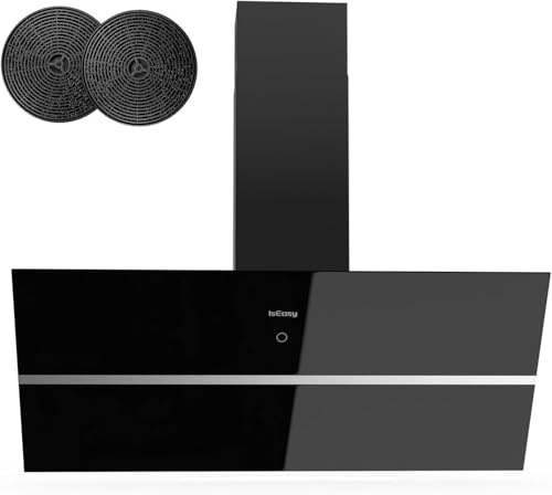Dunstabzugshaube 90 cm, IsEasy Wandhaube 90 cm mit 578 m³/h starke Saugleistung, 4 Einstellstufen, Abluftmodus, 1–9min Verzögerungs-Ausschaltfunktion, Speicherfunktion, 58 dB, Schwarz