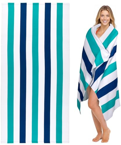 Ouxiaobai Großes übergroßes Strandtuch – Mikrofaser, sandfrei, 90 x 180 cm, schnell trocknend, leicht, Pool-Handtuch für Erwachsene, dünn gestreiftes Badetuch (türkis)