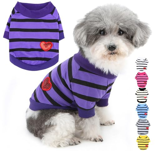 Zunea Hunde Shirts für Kleine Hunde Gestreiftes Sommer T-Shirt Pflaume XS | Atmungsaktives Polyester, Pailletten Liebe Herz, Kurzarm, Pull On, Alltag, Valentinstag, Welpen Yorkie Chihuahua Mop Kleidung