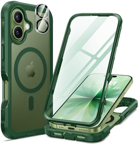 seacosmo for iPhone 17 Case with Glass Screen Protector Green Matte | Full Body Bumper, Built-in Tempered Glass, Camera Lens Protector, Compatible with MagSafe, Shockproof Phone Case, 6.3