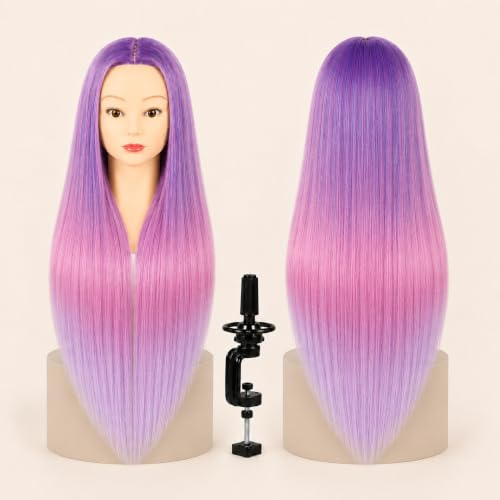 Cabeza de Maniquí para Peluquería, Cabello Sintético 60 cm/24 Resistente al Calor con Soporte, Cabeza de Prácticas para Peinados y Cosmetología (Rosa Lila Degradado)