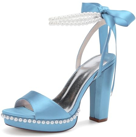 LRMYMHY Escarpins Femmes Plateforme Chaussures de mariée Peep Toe Talon Haut Chunky Satin Chaussures de Mariage