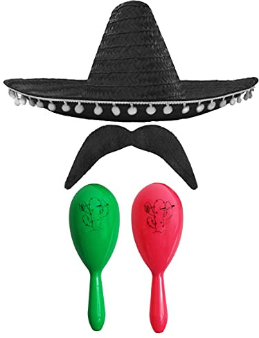 Mexikansk finkläder accessoarer set – Mexikansk flamingo med maracas och tofs svart pop pop flamingo + grön och rosa maracas
