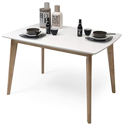 Homely | Mesa de Comedor o Cocina MELAKA | Diseño Nórdico | sobre Extensible | Mesa Comedor, Salón, Cocina | Diseño Moderno | Patas de Madera de Roble | sobre Lacado Blanco | 120/160 cm x 80 cm