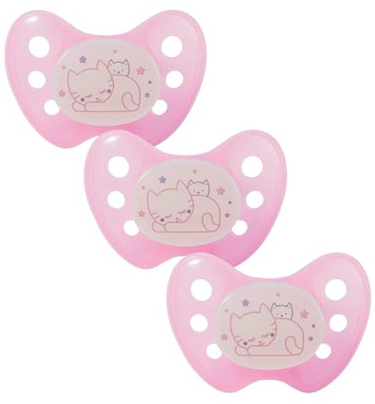 dentistar Night Silikon Schnuller 3er-Set - Größe 1 Schnuller 0-6 Monate - Glow in the Dark Nuckel mit Dentalstufe – BPA-frei – Made in Germany - Katze, Rosa