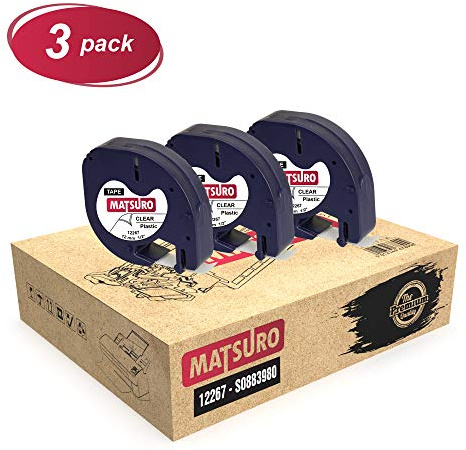 Matsuro Original | Kompatibel Kunststoff-Etiketten Schriftband Ersatz für DYMO LetraTag 12267 16951 S0721550 S0721530 Schwarz auf Transparent (12 mm x 4 m | 3-er PACK)