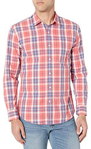 Amazon Essentials Men's Regular-Fit Long-Sleeve Casual Poplin Shirt, Washed Red Windowpane, L
