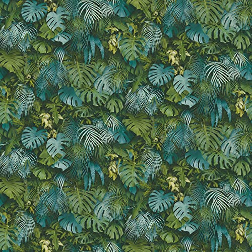 Carta Da Parati Jungle Greenery A.S. Création Carta da parati tessuto non tessuto 10.05 m x 0.53 m Verde Blu Prodotto in Germania 372803 37280-3