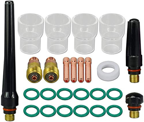 RIVERWELD SR WP 17, 18, 26 WIG-Schweißbrenner kurze Gaslinse 17GL332 10N24S | 26-teiliges Set mit Quarz-Düsen Nr. 12, 21,0 mm, WIG-Rückkappen 57Y02, 57Y03, 57Y04