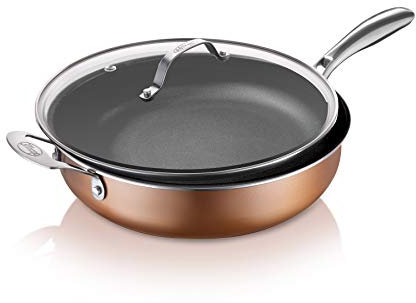 Gotham Steel Sauté Pan with Lid – 5.5 Quart Multipurpose Nonstick Jumbo Cooker with Glass Lid, Stainless Steel Handle & Helper Handle, Oven & Dishwasher Safe, 100% PFOA Free