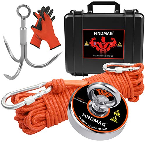 FINDMAG Angelmagnet, Magnetfischen Set, 600 Pfund (272 KG) Zugkraft Magnetangeln Set mit Etui, Neodym Magnete Extra Stark, Angelmagnete für Flussangeln, Schatzsuche im Freien - Durchmesser 75 mm