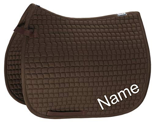 Eskadron Darkbrown Cotton Pony Dressur-Schabracke mit individuellem Namen Bestickt, Schriftart:Jacobal (Schreibschrift verschnörkelt), Garnfarbe Maderia:Aqua 1892