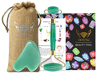 Crystali Gua Sha Set - Anti-Aging Gesichts-Massage Roller und Schaber - Gesunde, Schöne, Junge Haut - Aventurin aus Indien
