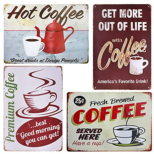 4 Stück Kaffee Blechschilder Vintage, für Café， Wanddekoration, 20 x 30cm | Einfach aufzuhängen, Café Metallplakat, Retro Wanddekoration für Bar, Küche, Schlafzimmer