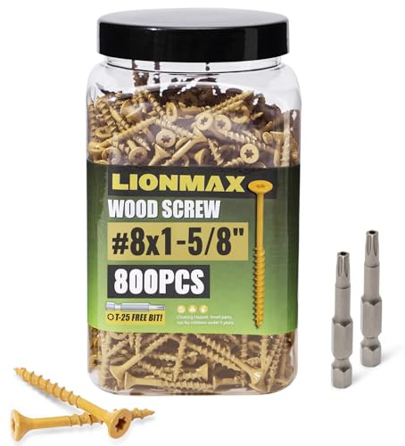 LIONMAX Deck Screws 1-5/8 Inch, Wood Screws #8 x 1-5/8, 800 PCS, Rust Resistant, Exterior Epoxy Coated, Outdoor Decking Screws, Torx/Star Drive Head Screw, T25 Star Bit Included, Tan