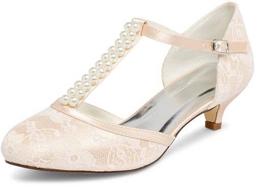 JIAJIA 01129 Women's Bridal Shoes Closed Toe T-Strap 1.8'' Low Heel Lace Satin Pumps Imitation Wedding Shoes Colour Champagne,Size 7 UK/41 EU