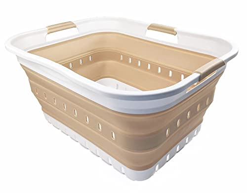 SAMMART 42L (11 gallon) Collapsible Plastic Laundry Basket - Foldable Pop Up Storage Container/Organizer - Portable Washing Tub - Space Saving Hamper/Basket (White/Latte)