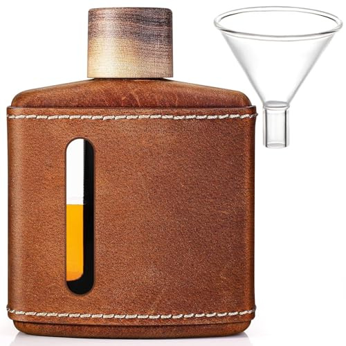 Handgefertigte Crazy Horse Leder-Flachmann für Likör für Männer, Glas-Whiskeyflasche mit Trichter & Holzdeckel, Premium-Flachmann-Set, Geschenkidee für Männer und Frauen (100 ml)