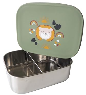 kikadu Brotdose Löwe Olive - Kindergeschirr, BPA-frei, 18/8 Edelstahl, mit niedlichen Aufdrucken, Maße 17x13x5,5cm