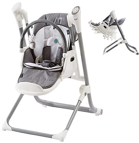 FableKids 2in1 Hochstuhl mit Liegefunktion, Wippe NOA 6-36 Monate, klappbar, Schreisensor, USB-Port,12+2 Melodien, Steuerung per App, kompatibel,abnehmbarer Tisch, 5-Punkt-Gurt, Grau, 13.7 kilograms