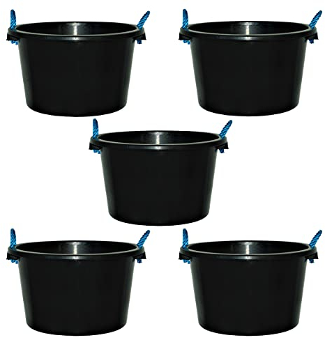 5X Black 45L Litre Bucket with Blue Rope Handles Multipurpose Builders Cement Mixing Bucket Muck Water Toy Tub For Home and Garden.