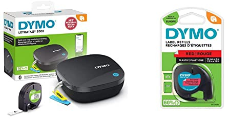 DYMO LetraTag 200B-Beschriftungsgerät mit Bluetooth in Weiß & Original LetraTag Etikettenband | schwarz auf rot | 12 mm x 4 m | selbstklebendes Kunststoffetiketten | für LetraTag-Beschriftungsgerät