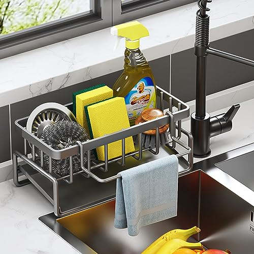 Iwinna Schwamm Halter für Küchenspüle, Edelstahl Küche Organizer mit Tropfschale, Spültuch-Halter Waschbecken Organizer Rack für Küche Waschbecken Arbeitsplatte (Kohlenstoffstahl-Grau)